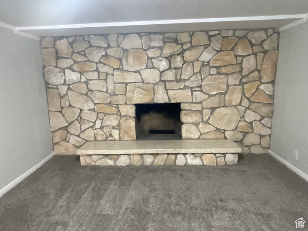 Interior details with a fireplace and carpet