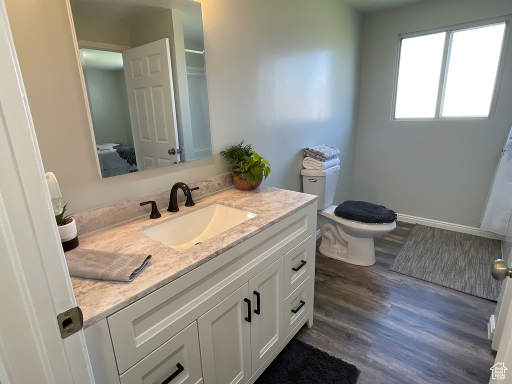 Bathroom featuring wood-type flooring, toilet, and vanity