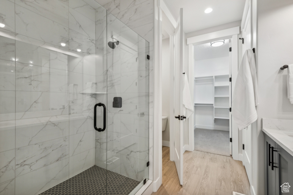 Bathroom with hardwood / wood-style floors, walk in shower, and vanity