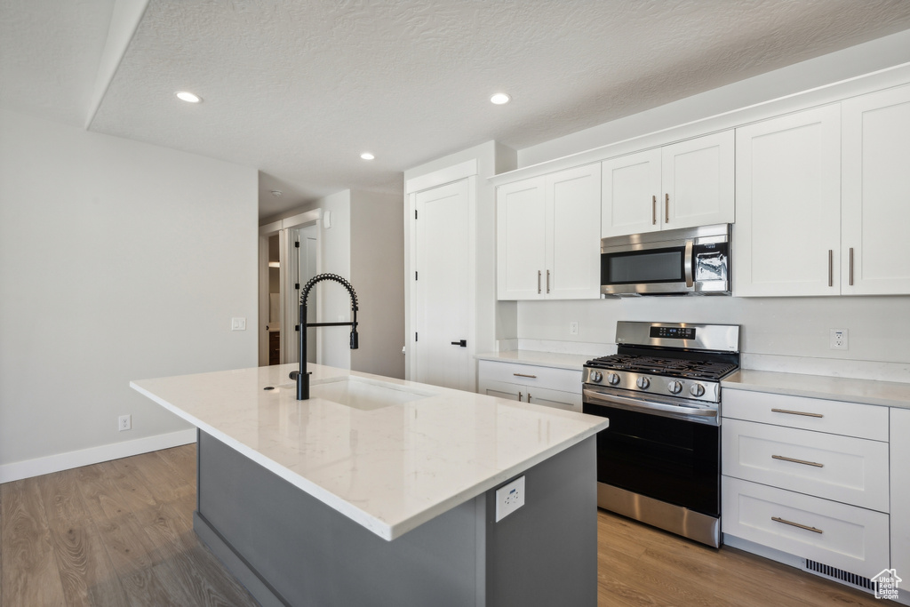 Kitchen featuring an island with sink, stainless steel appliances, sink, and light wood-type flooring