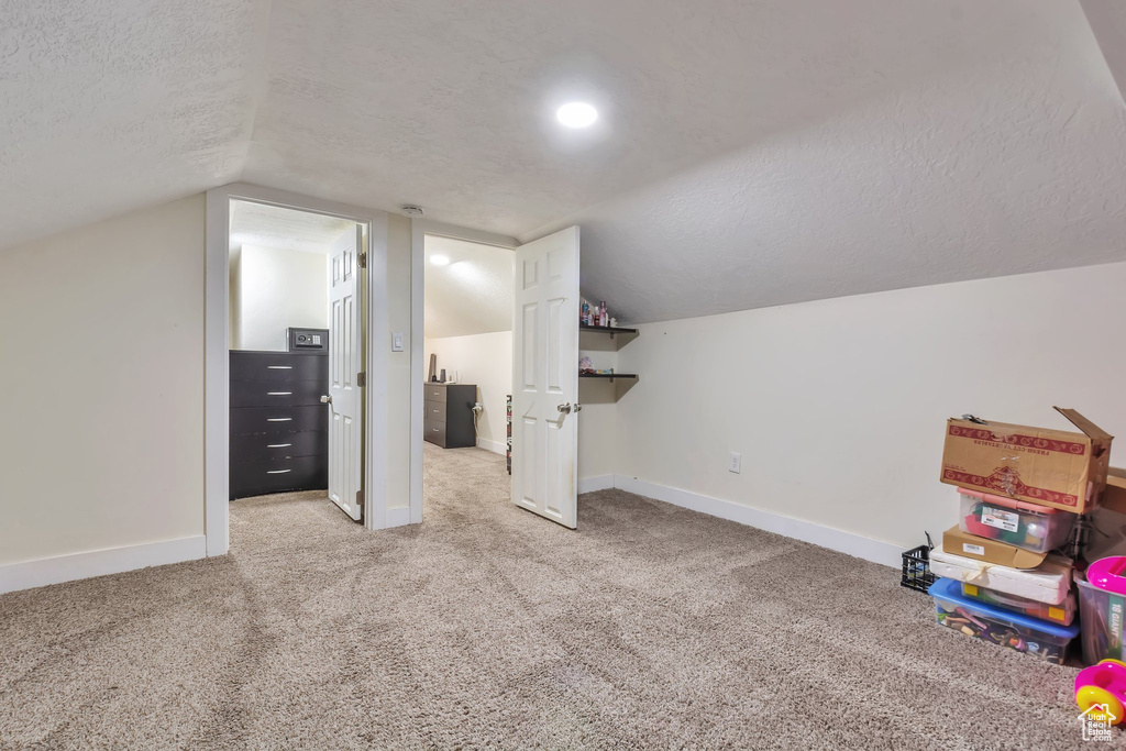 Additional living space with light colored carpet, a textured ceiling, and vaulted ceiling