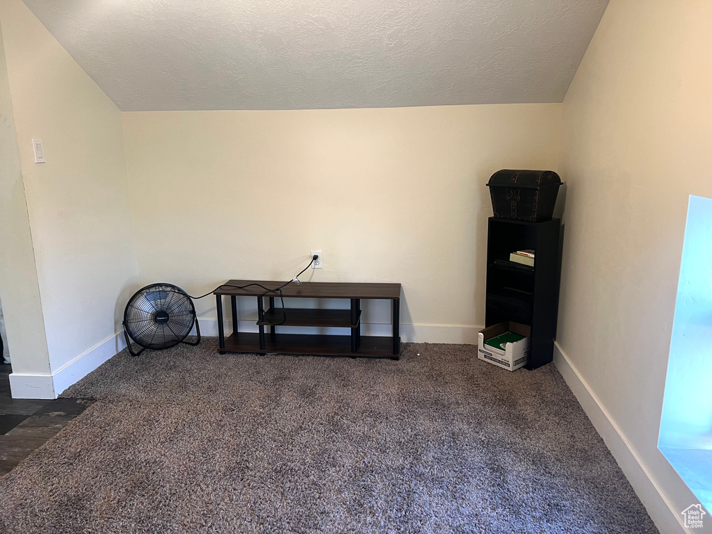 Interior space featuring a textured ceiling, baseboards, and lofted ceiling