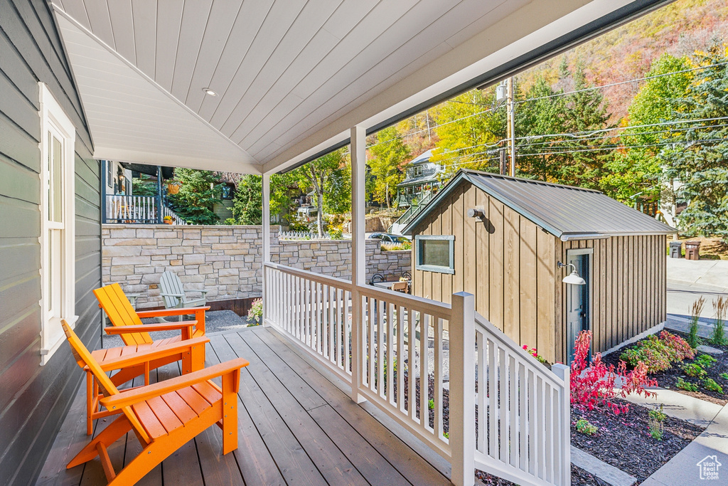 Wooden deck with a shed