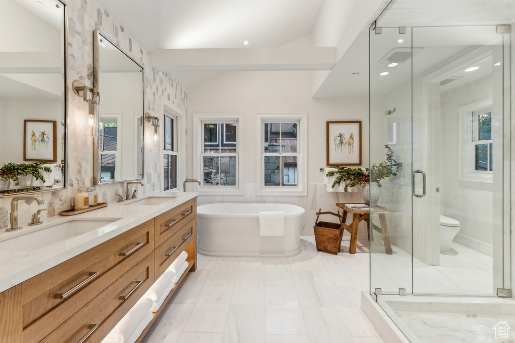 Full bathroom featuring shower with separate bathtub, vanity, and toilet