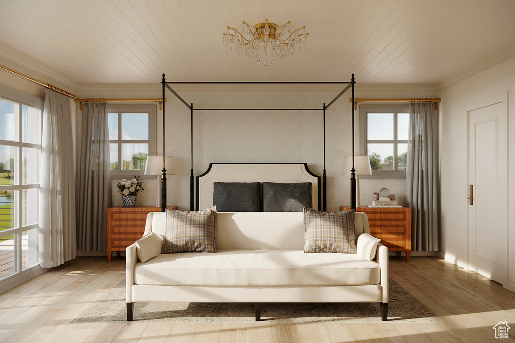 Bedroom featuring wooden ceiling, multiple windows, and light hardwood / wood-style floors