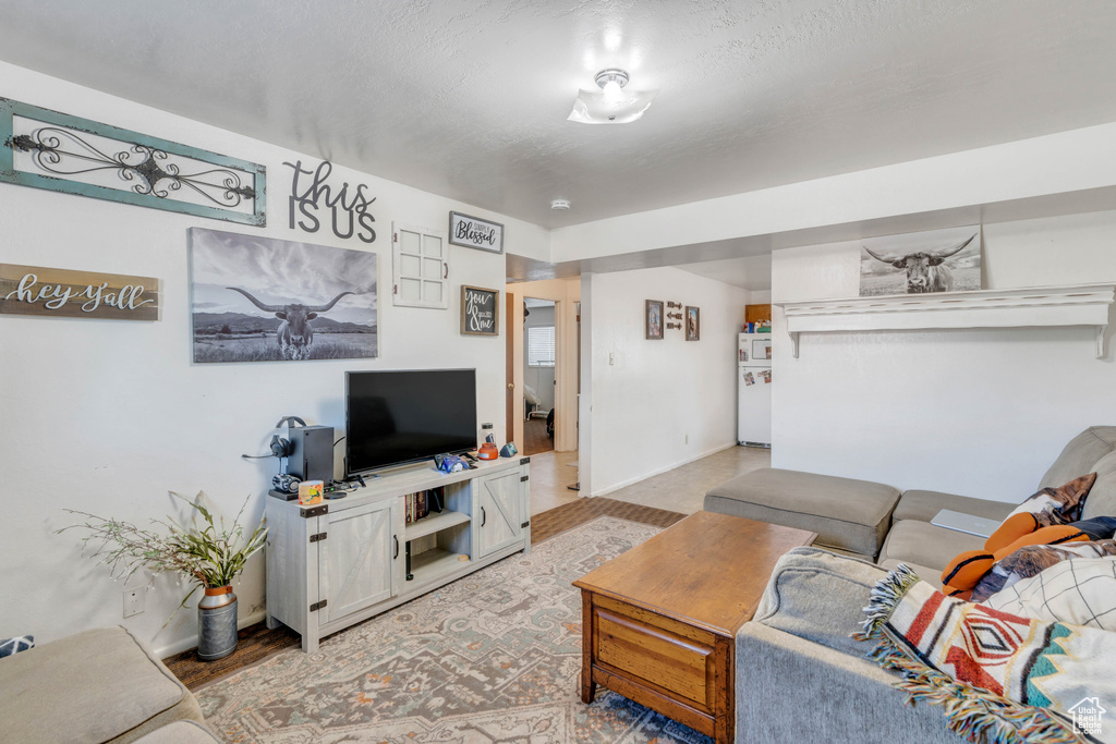 Living room featuring a textured ceiling