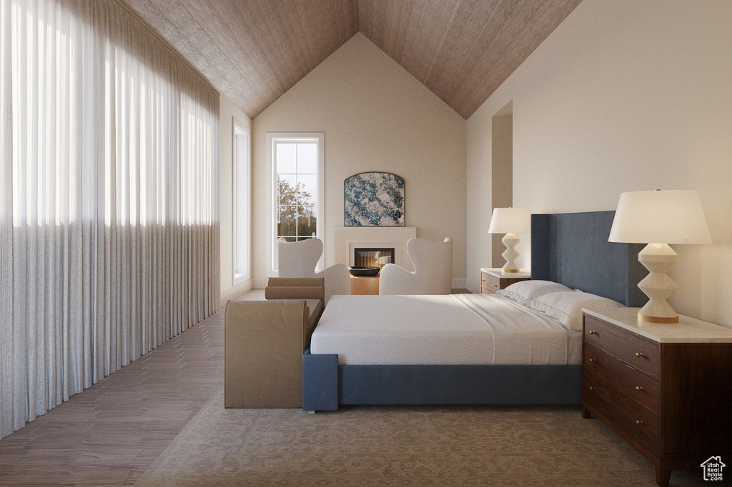 Bedroom with lofted ceiling, light carpet, and wood ceiling