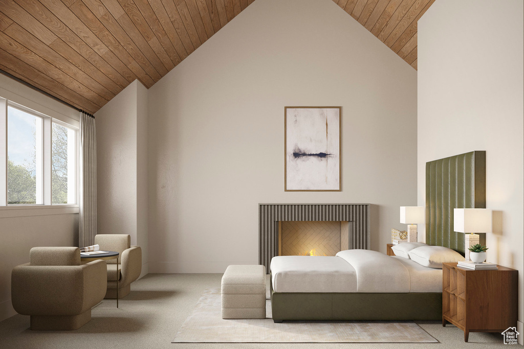 Carpeted bedroom featuring wood ceiling, high vaulted ceiling, and a fireplace