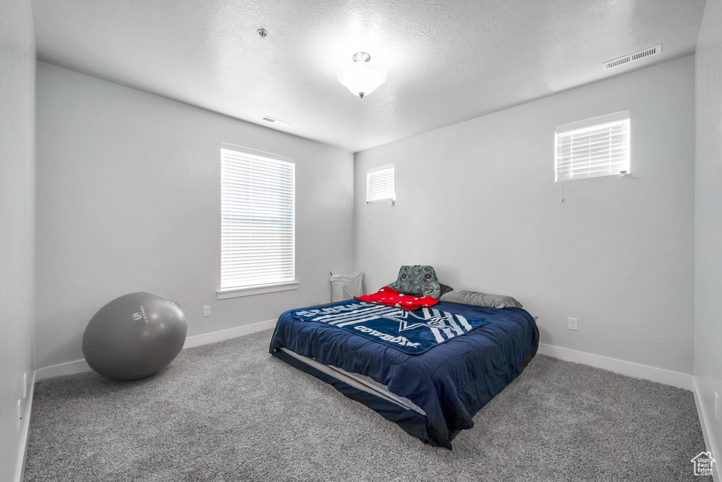 Carpeted bedroom featuring a textured ceiling