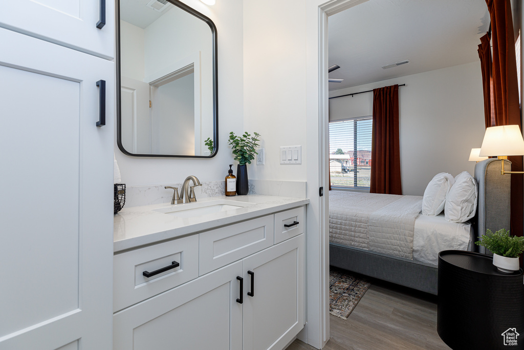 Bathroom with vanity and hardwood / wood-style flooring