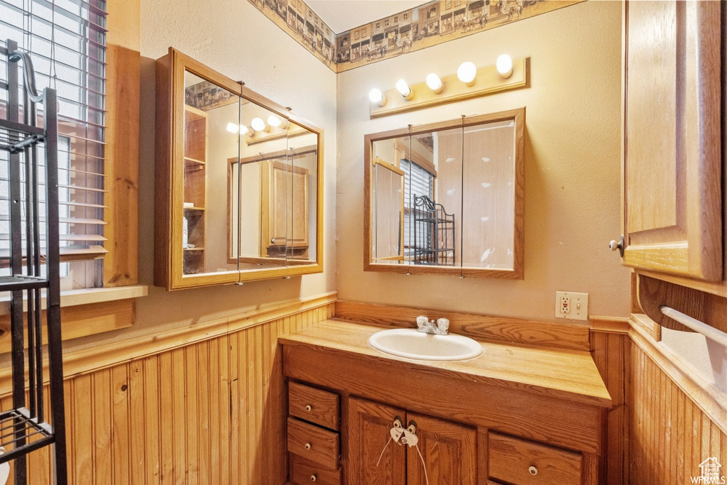 Bathroom featuring vanity, plenty of natural light, and wood walls