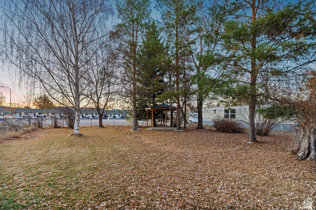 Yard at dusk with a gazebo