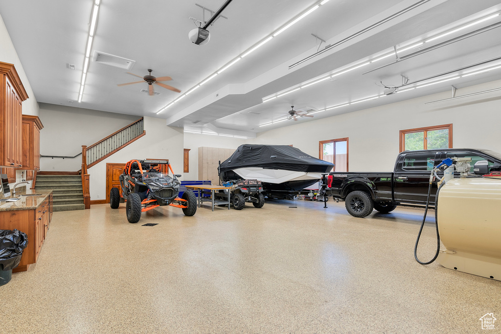 Garage with ceiling fan