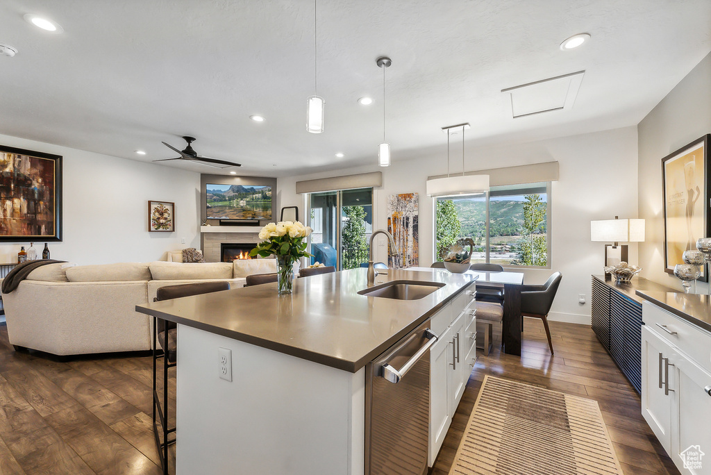 Kitchen with white cabinetry, sink, dark hardwood / wood-style floors, an island with sink, and ceiling fan