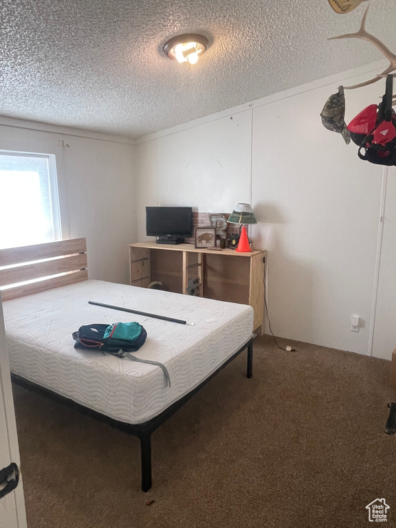 Bedroom with carpet and a textured ceiling