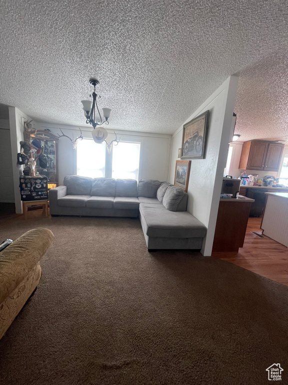 Living room with dark carpet and a textured ceiling