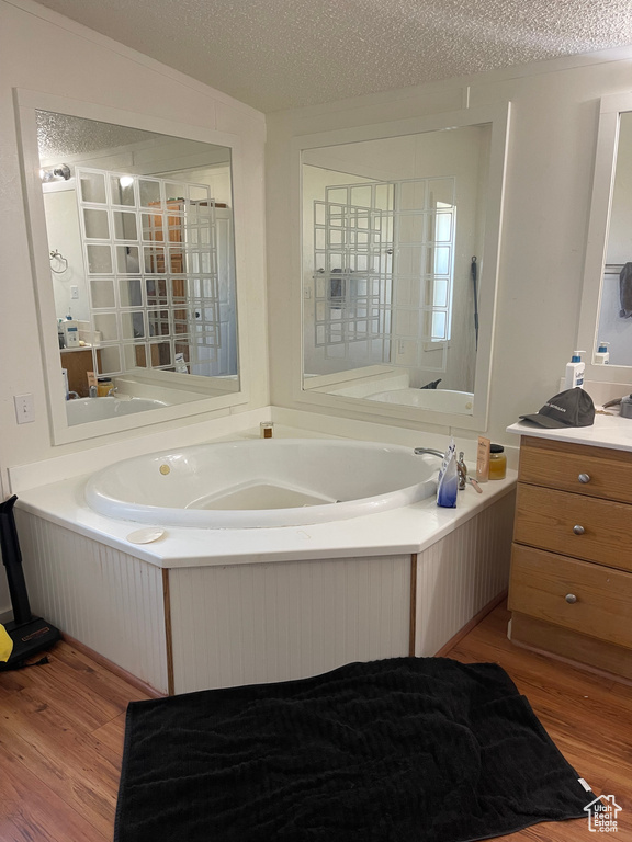 Bathroom with vanity, a bathing tub, and hardwood / wood-style floors