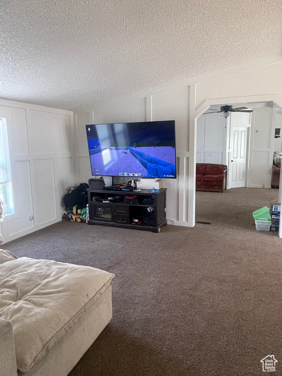 Carpeted bedroom with a textured ceiling