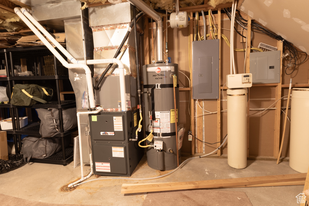 Utilities featuring water heater and electric panel