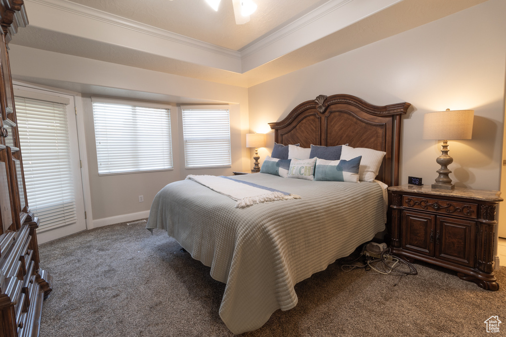 Carpeted bedroom featuring ornamental molding and a tray ceiling