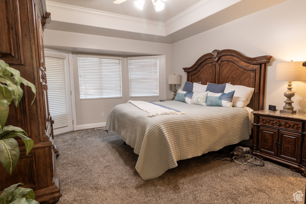 Bedroom featuring ornamental molding, a tray ceiling, ceiling fan, and light colored carpet