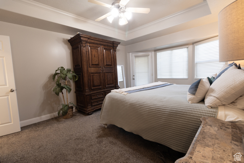 Carpeted bedroom with ceiling fan, a raised ceiling, and crown molding