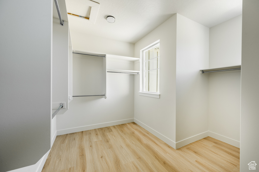 Walk in closet with light hardwood / wood-style flooring