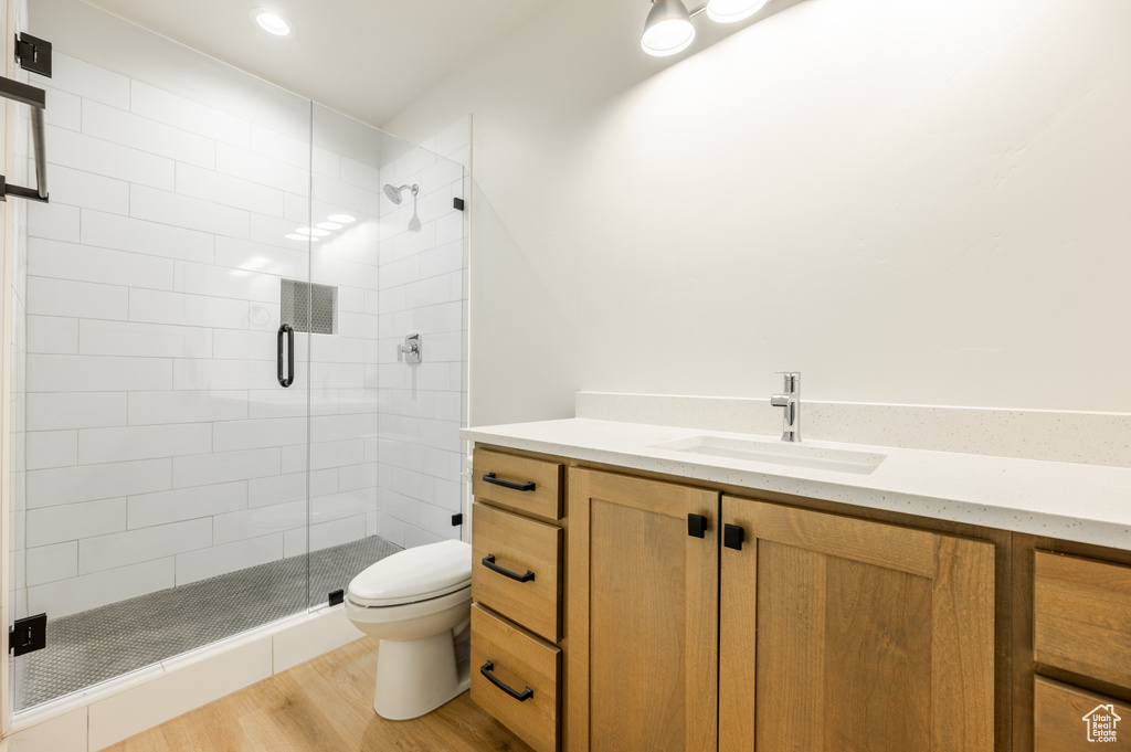 Bathroom featuring vanity, toilet, wood-type flooring, and walk in shower