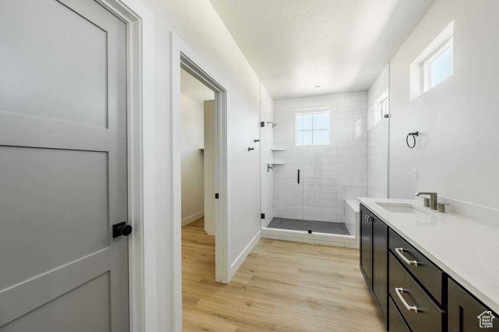 Bathroom featuring plenty of natural light, an enclosed shower, hardwood / wood-style flooring, and vanity