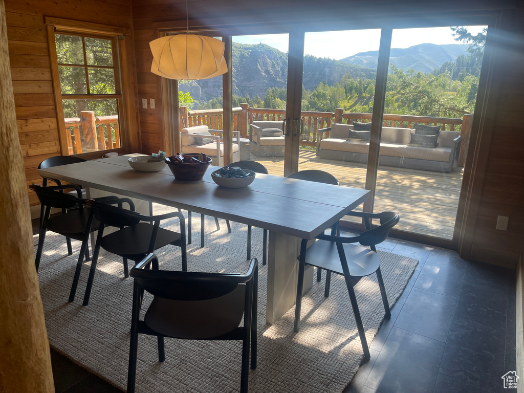 Dining space with wooden walls and a mountain view