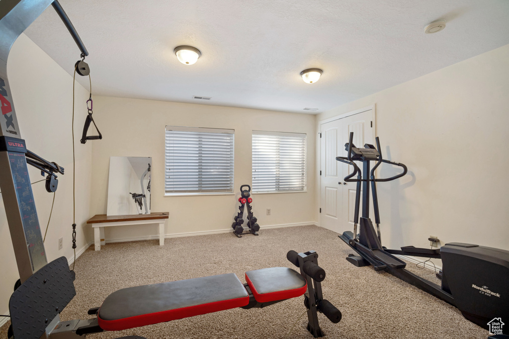 Workout area featuring carpet flooring