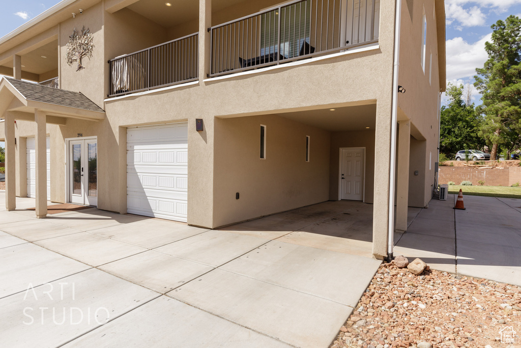 Exterior space featuring a garage