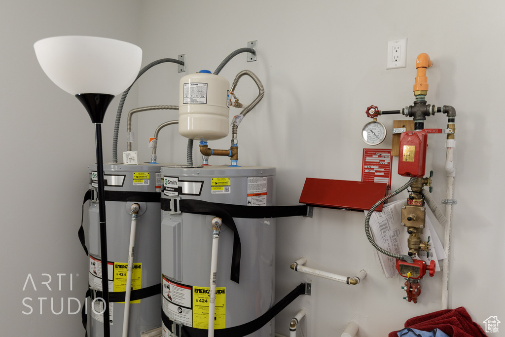 Utility room featuring secured water heater