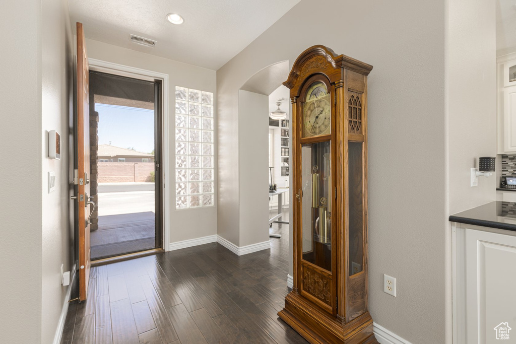 Entryway featuring dark wood-type flooring