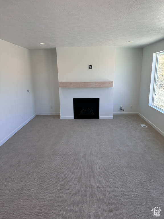 Unfurnished living room with a textured ceiling and carpet floors