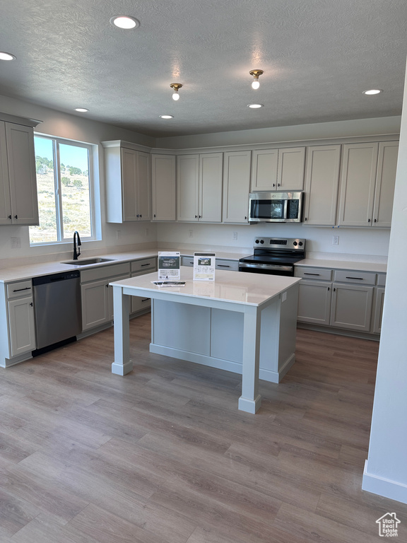 Kitchen with stainless steel appliances, a center island, and gray cabinetry