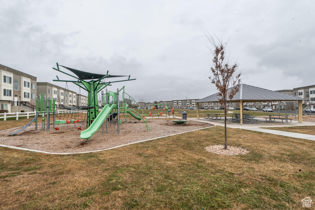 View of play area featuring a yard and a gazebo