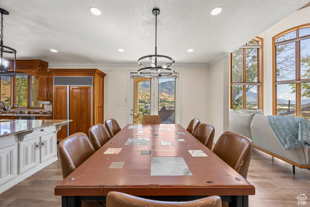 Dining area with plenty of natural light, dark hardwood / wood-style floors, and a textured ceiling