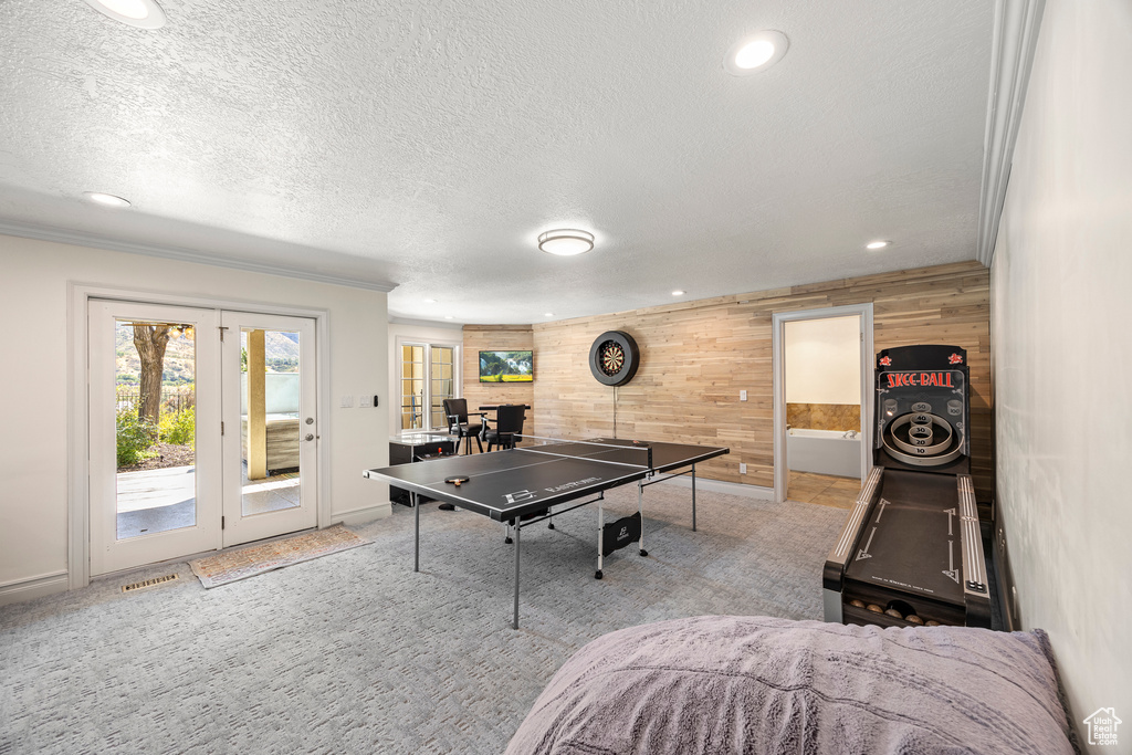 Rec room with ornamental molding, light carpet, a textured ceiling, and wooden walls