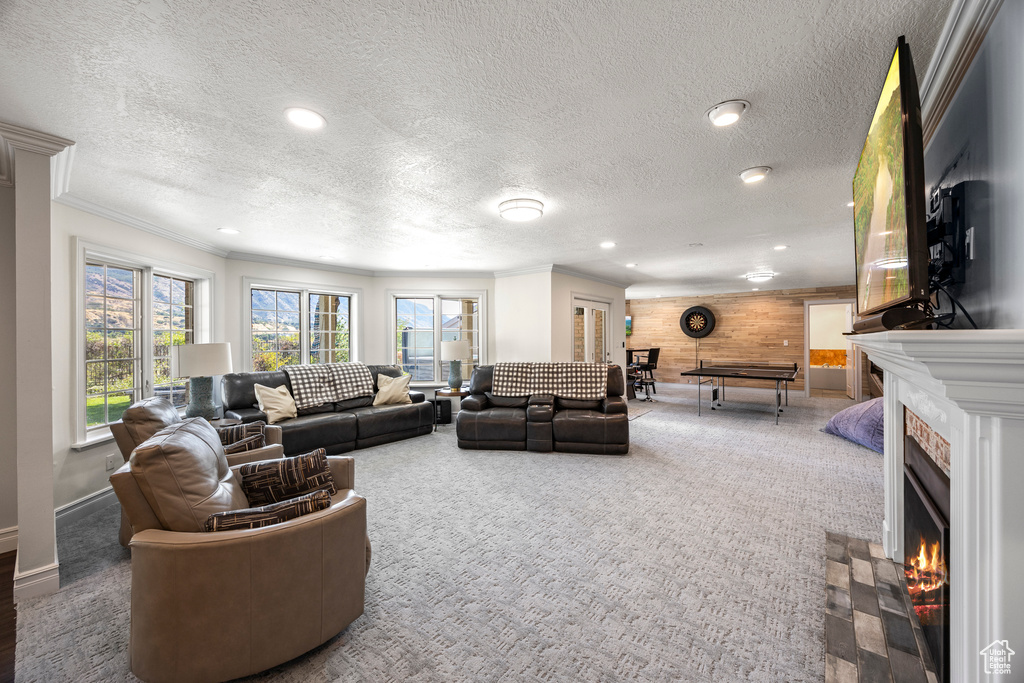 Carpeted living room with a textured ceiling, crown molding, and wood walls