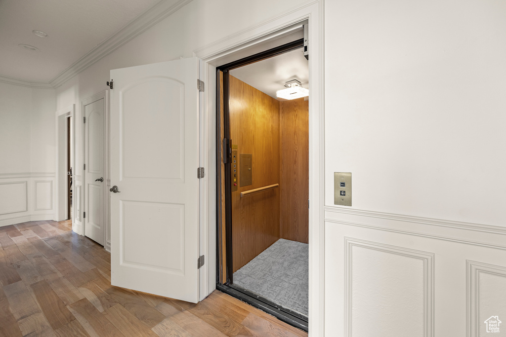 Corridor with light wood-type flooring, elevator, and ornamental molding