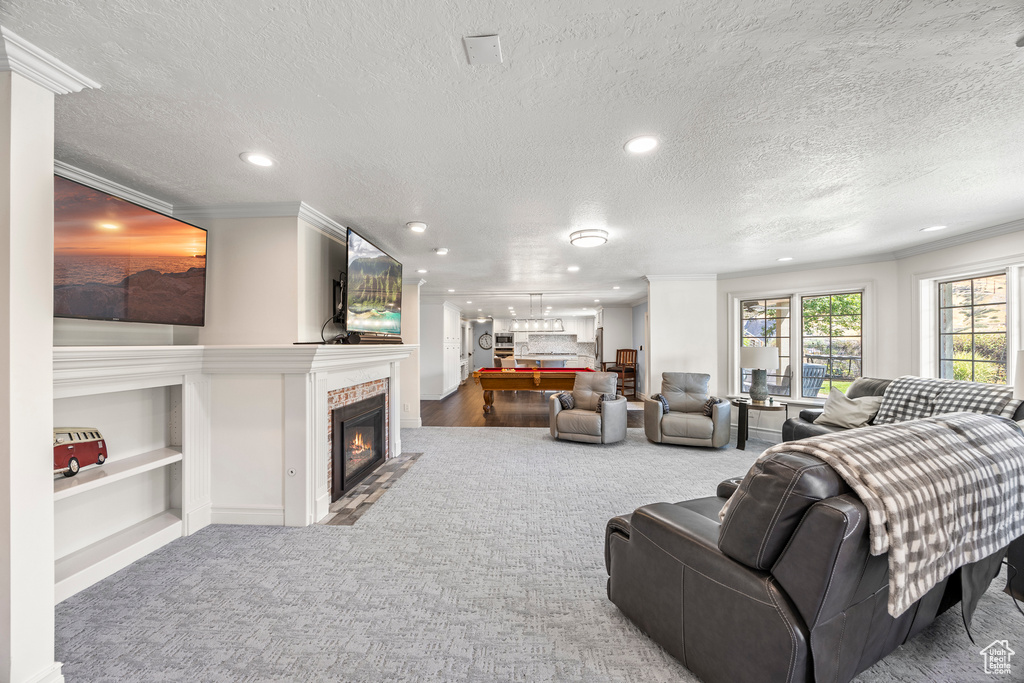 Living room with wood-type flooring, ornamental molding, and a textured ceiling