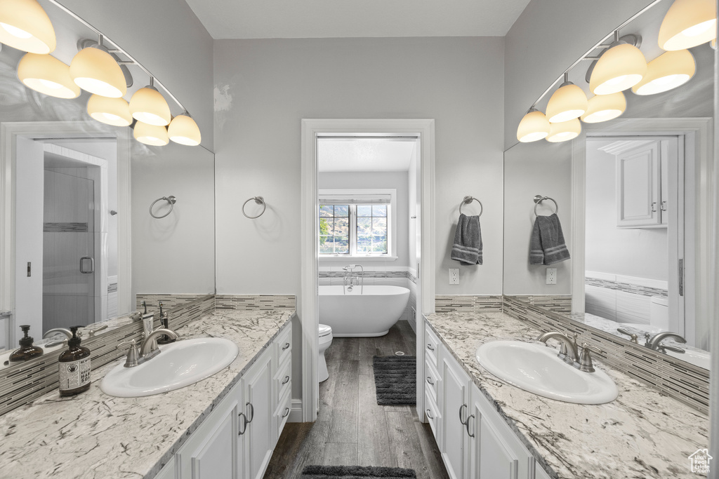 Full bathroom featuring vanity, toilet, wood-type flooring, and plus walk in shower