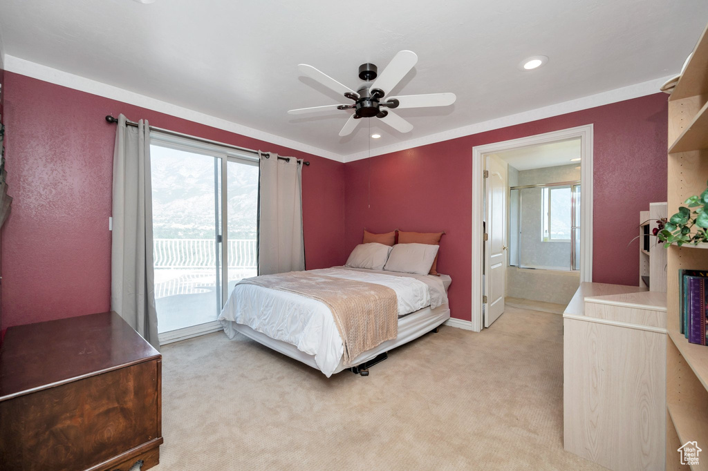 Carpeted bedroom with crown molding, multiple windows, access to exterior, and ceiling fan