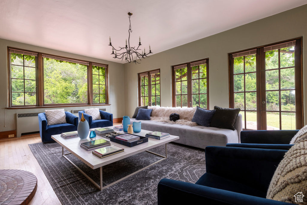 Living room with a chandelier, radiator heating unit, healthy amount of natural light, and hardwood / wood-style flooring