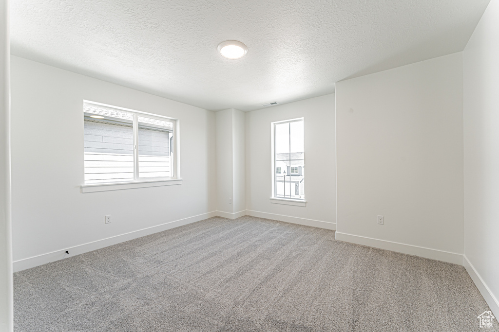 Unfurnished room with light carpet, a textured ceiling, and baseboards