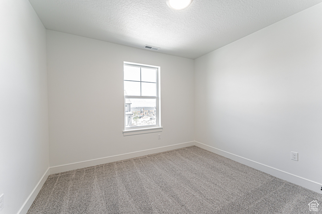 Empty room featuring carpet, a textured ceiling, and baseboards
