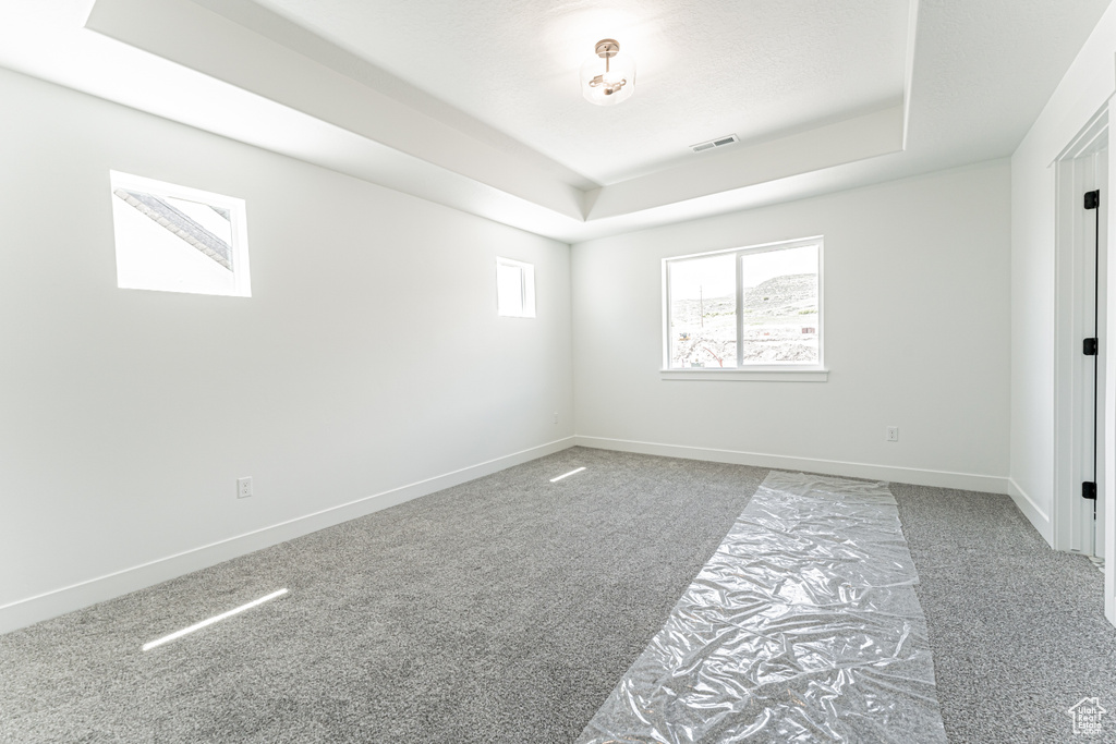 Carpeted empty room with a raised ceiling and baseboards