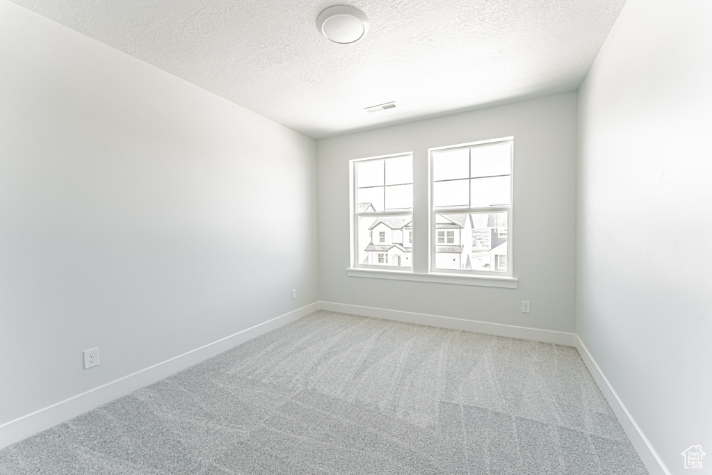 Empty room featuring light carpet, a textured ceiling, and baseboards