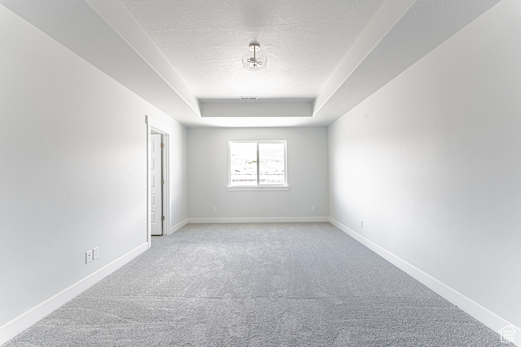 Unfurnished room with a textured ceiling, light carpet, baseboards, and a tray ceiling